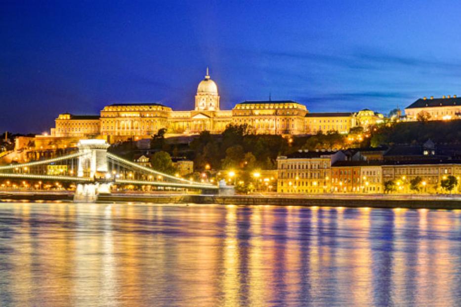Die Kettenbrücke und der Budaer Burgpalast in Budapest sind nachts beleuchtet.