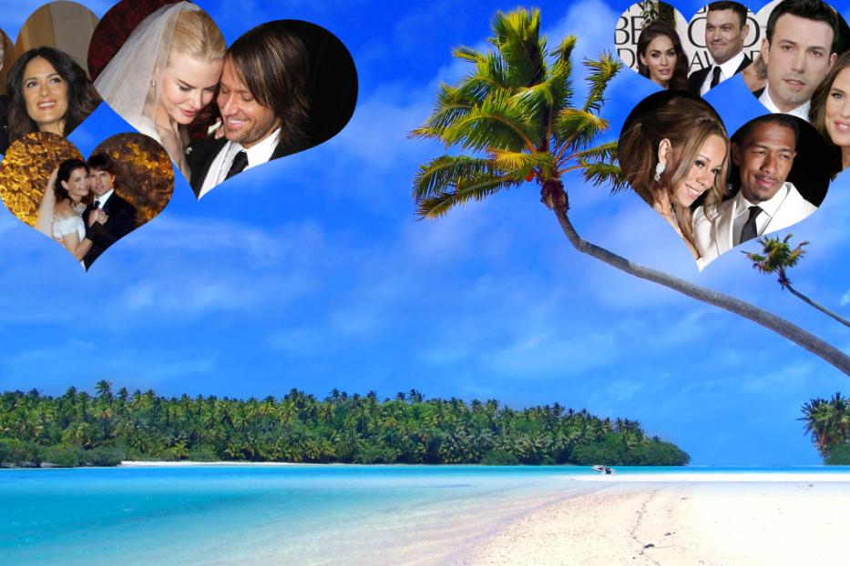 Eine tropische Insellandschaft mit Herzen, die Prominente und ihre Hochzeiten zeigen.