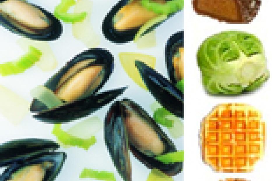 Eine Anordnung von Muscheln, Sellerie, Kohl, Waffeln und einer Süßspeise auf einem weißen Hintergrund.