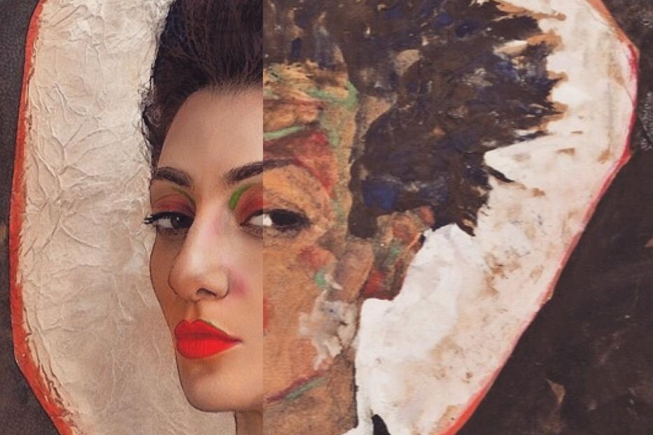 Das Gesicht einer Frau ist halb Foto, halb Gemälde.