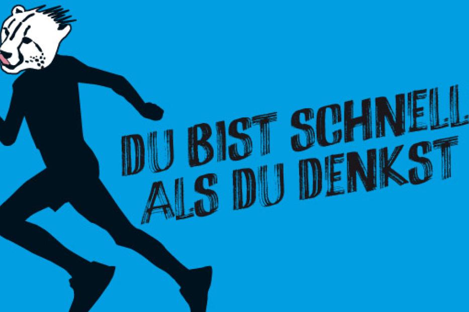 Ein Läufer mit Gepardenkopf rennt vor einem blauen Hintergrund mit dem Text „Du bist schneller als du denkst“.