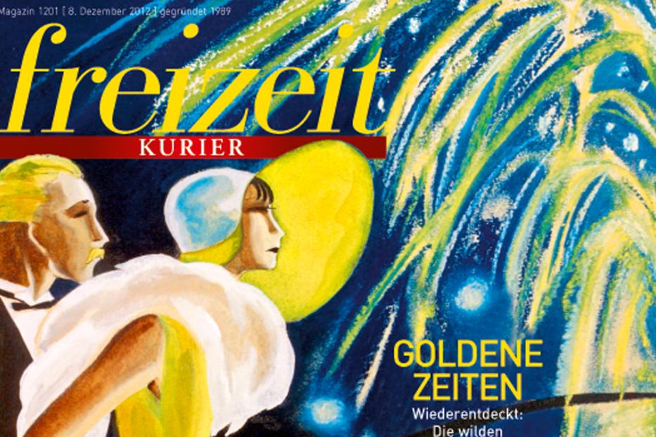 Das Cover der Zeitschrift „Freizeit Kurier“ zeigt stilisierte Personen und Feuerwerk.