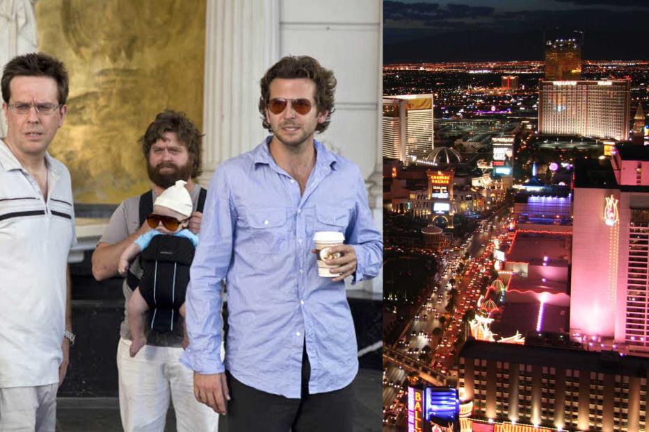 Eine Collage zeigt die Schauspieler aus dem Film „Hangover“ und eine nächtliche Ansicht von Las Vegas.