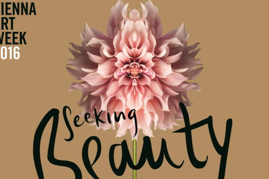 Werbung für die Vienna Art Week 2016 mit dem Motto „Seeking Beauty“ und einer rosa Blüte.