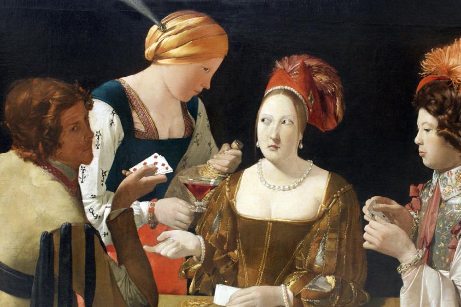 Eine Szene aus einem Gemälde zeigt vier Personen, die Karten spielen und Wein trinken.