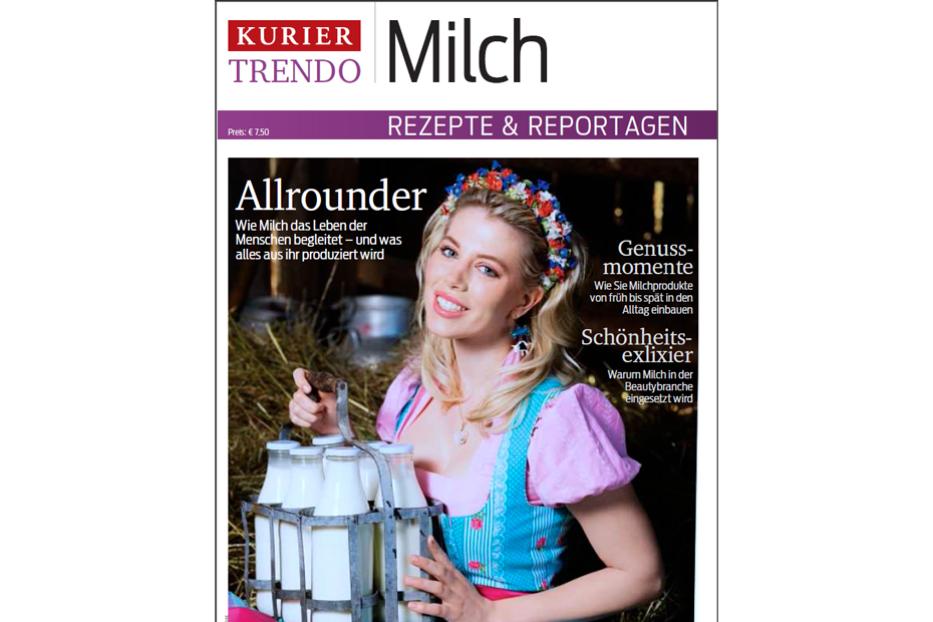Eine Frau im Dirndl hält einen Korb mit Milchflaschen auf dem Cover einer Zeitschrift.