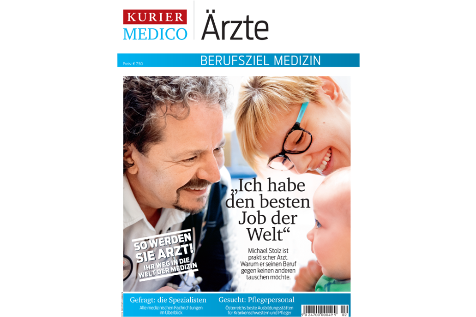 Ein Arzt, eine Ärztin und ein Baby auf dem Cover des Magazins „Kurier Ärzte“.