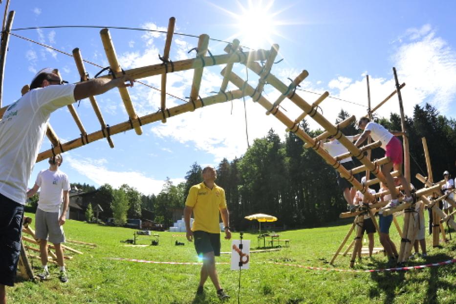 Menschen arbeiten an einer hohen Hindernisstrecke aus Holzstämmen auf einer grünen Wiese.