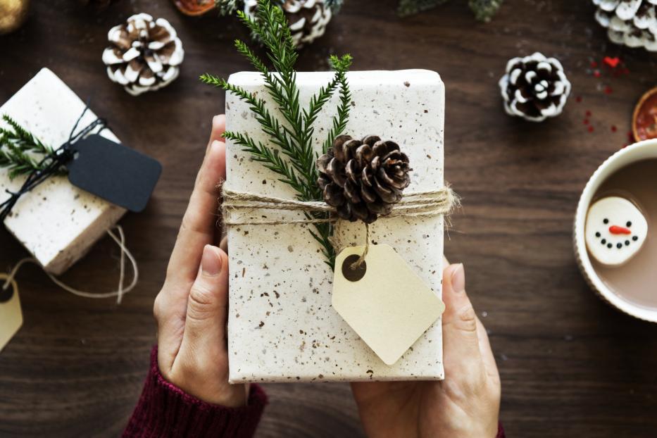 Eine Person hält ein weihnachtlich verpacktes Geschenk mit Tannenzweig und Zapfen in den Händen.
