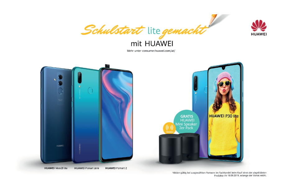 Mehrere Huawei Smartphones und ein Mini Speaker 2er Pack werden beworben.