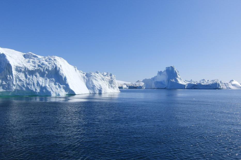 Mehrere Eisberge treiben im blauen Wasser unter einem klaren Himmel.