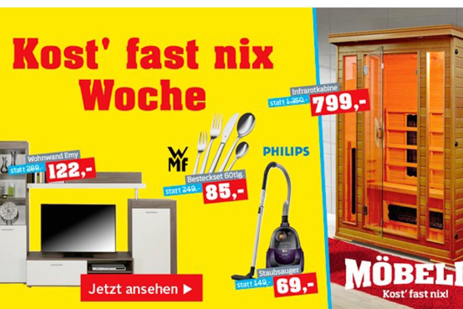 Möbelix „Kost' fast nix“ Woche mit Angeboten für Möbel, Besteck, Staubsauger und Infrarotkabinen.