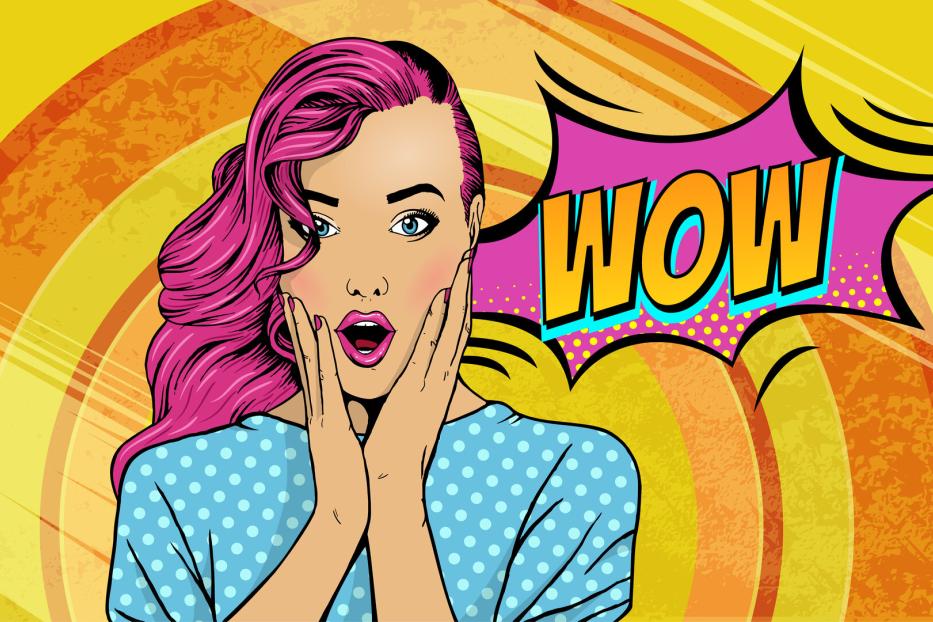 Wow pop art face. Sexy surprised woman with pink hair and open mouth with inscription wow in reflection. Vector colorful background in pop art retro comic style.
