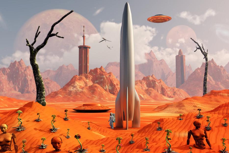 Eine Science-Fiction-Szene mit einer Rakete, einem Raumfahrer und fliegenden Untertassen auf einem fremden Planeten.
