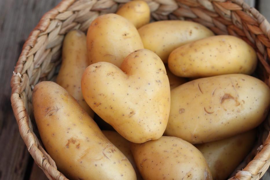 High Angle View Of Potatoes In Basket On Table - Stock-Fotografie