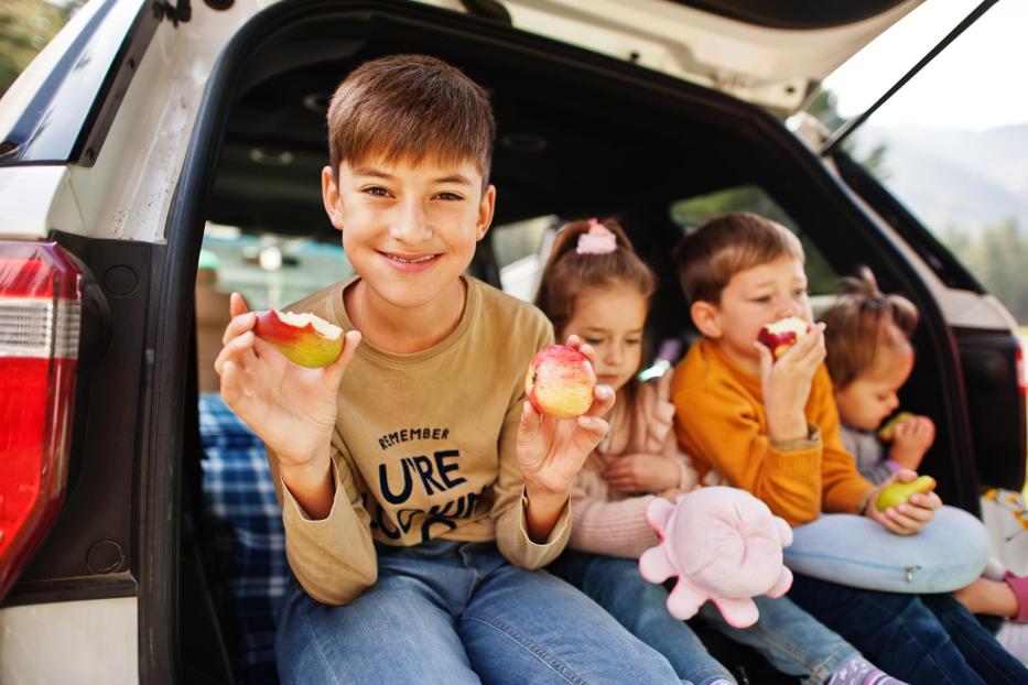 Familie mit vier Kindern isst Äpfel im Fahrzeuginnenraum. Kinder sitzen im Kofferraum. Anreise mit dem Auto in die Berge, Atmosphärenkonzept. - Stock-Fotografie