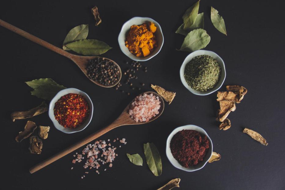 Spices - food background - flat lay - Stock-Fotografie