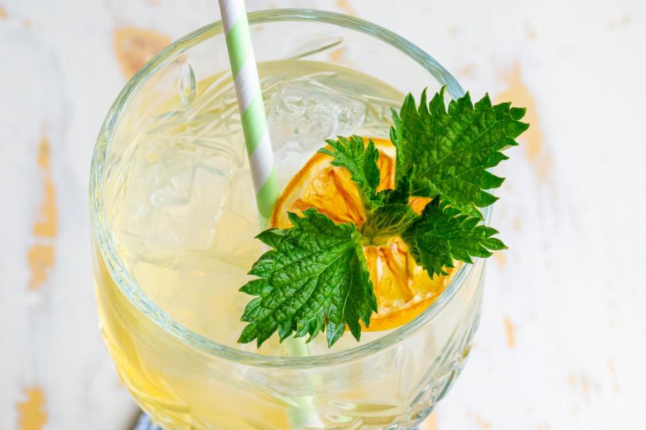Ein erfrischendes Getränk mit Eis, einer Orangenscheibe und Minze in einem Glas mit einem Papierstrohhalm.