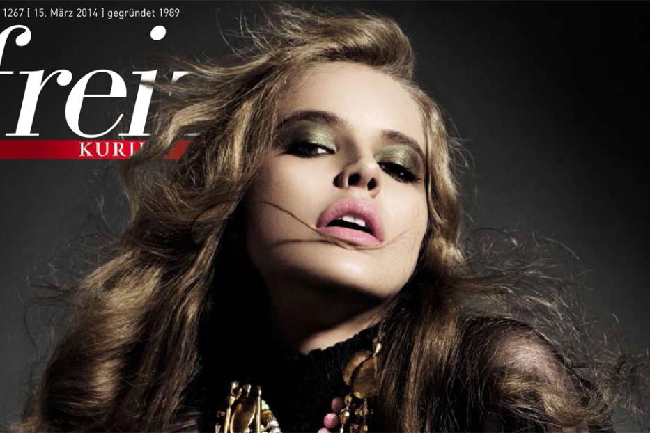 Das Cover des „frei“-Magazins zeigt eine Frau mit auffälligem Make-up und Schmuck.