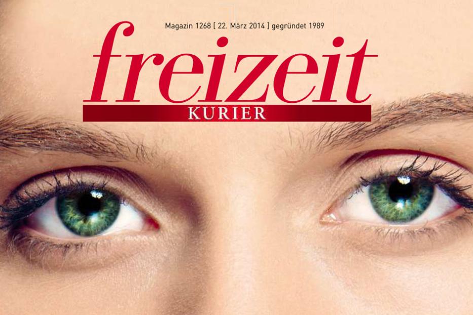 Nahaufnahme von zwei grünen Augen unter dem Schriftzug „Freizeit Kurier“.