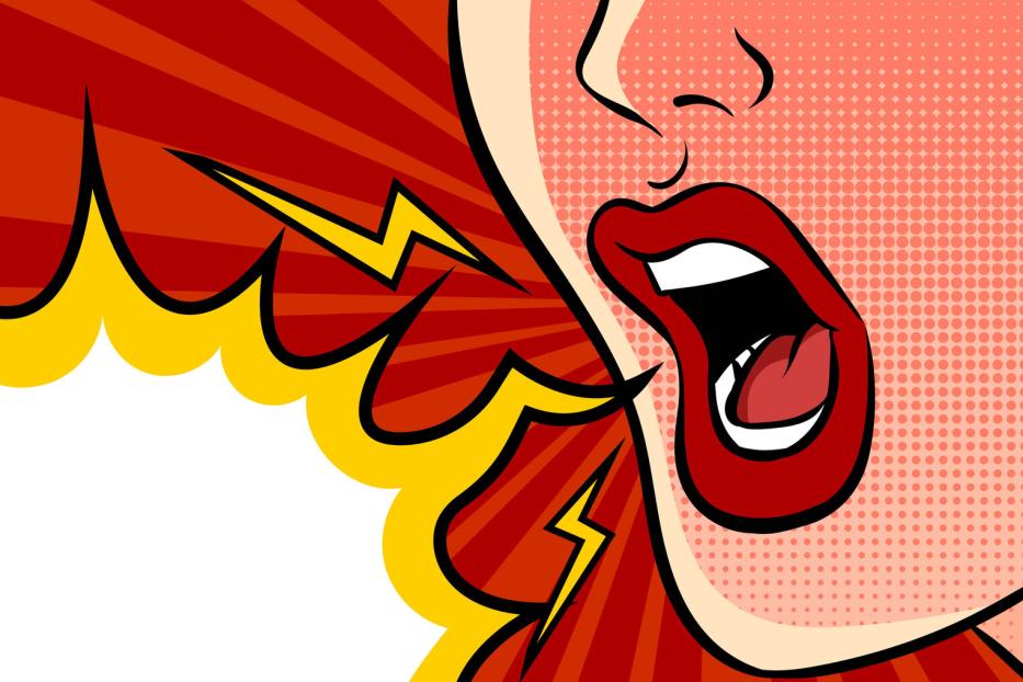 Angry shouting female mouth and empty speech bubble. Pop art vector illustration.