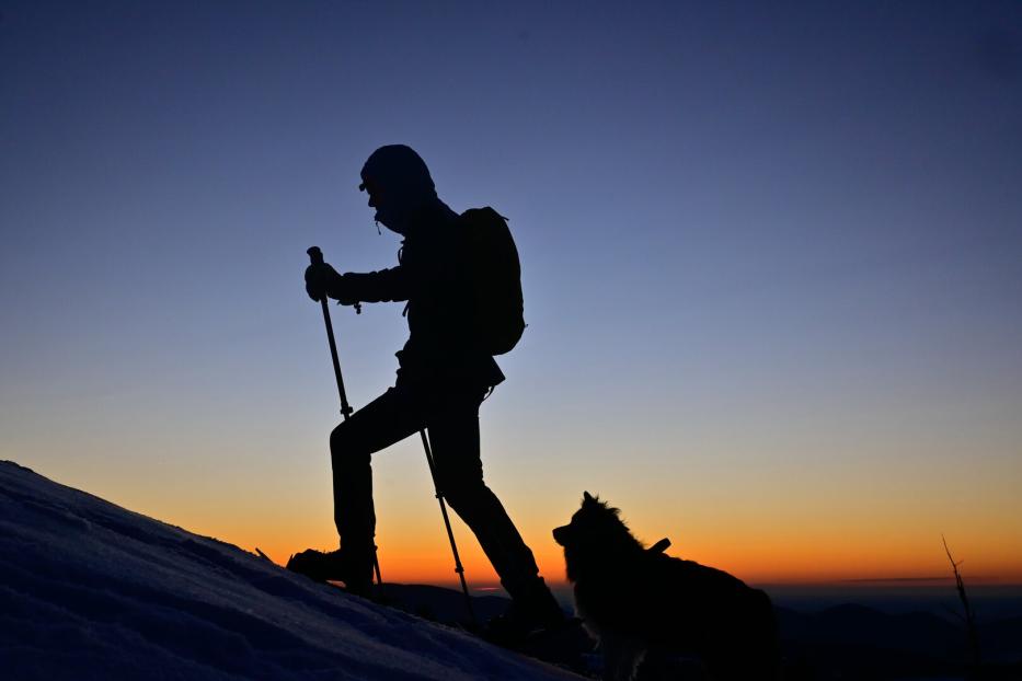 Wanderer mit Hund zu Sonnenaufgang im Almenland