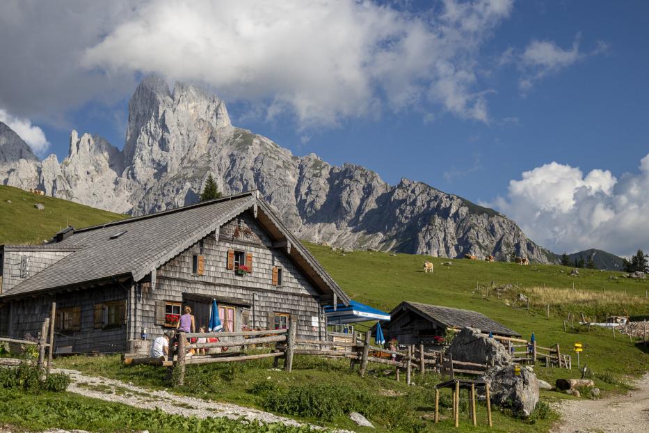 Die Stuhlalm mit Terasse im Sommer, im Hintergrund die Große Bischofsmütze