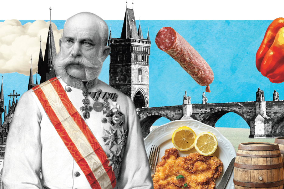 Bildmontage aus Kaiser Franz Joseph, Schnitzel, Prager Karlsbrücke