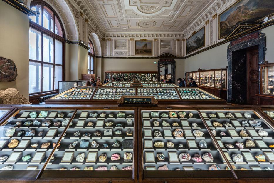 Ein Ausstellungssaal mit großen Vitrinen der Edelstein- und Mineraliensammlung in Wien. An den Wänden hängen große Wandgemälde und Stuck.