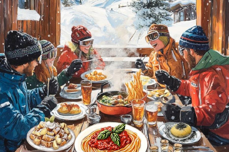 So wie sich die KI eine Skihütte vorstellt: Schnee, ein Tisch, auf dem Kaiserschmarrn, Pasta asciutta und Germknödel steht und Wintersportler, die sich freuen