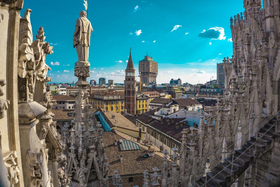 Panoramic view of the skyline of the city seen from the terraces of Milan Cathedral