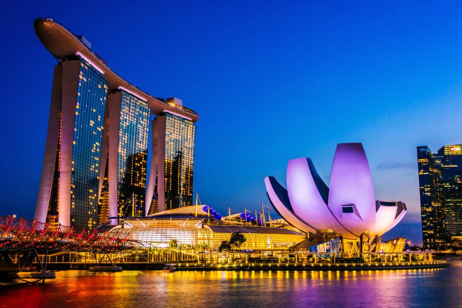 Marina Bay Sands and ArtScience Museum in Singapore after sunset