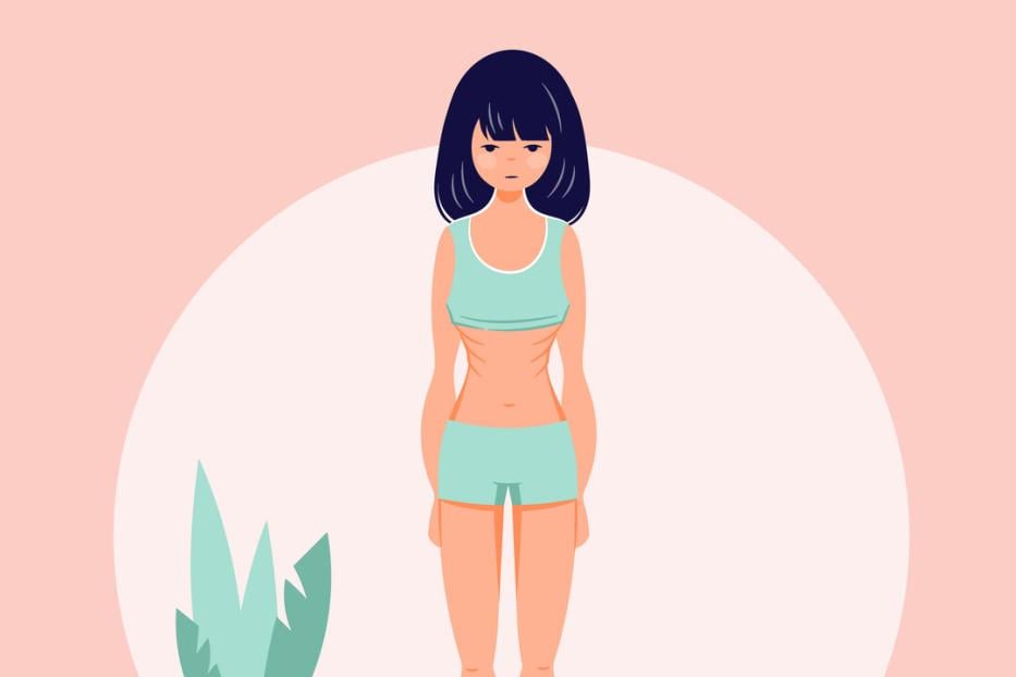 Eating disorder concept. Girl on weight. Anorexia problem flat person illustration