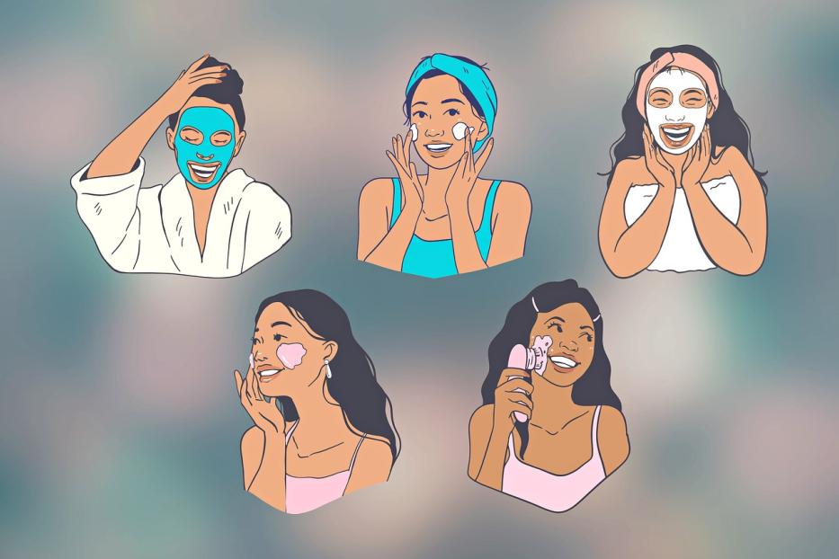 Auf dem Bild sind mehrere Illustrationen einer Frau abgebildet, die ihre Routine für die Gesichtspflege durchführt.