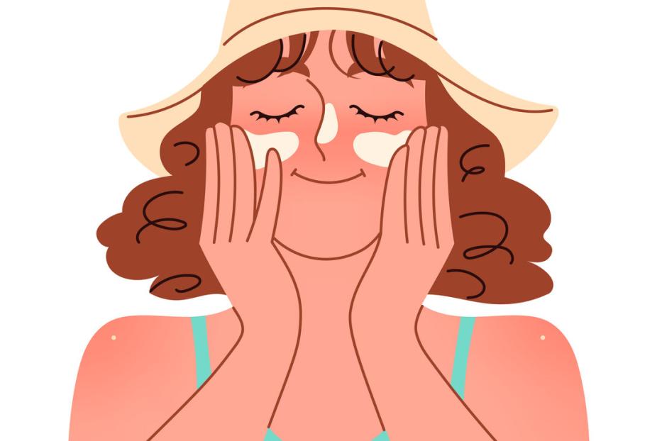 A woman applies sunscreen to her face SPF cream protection