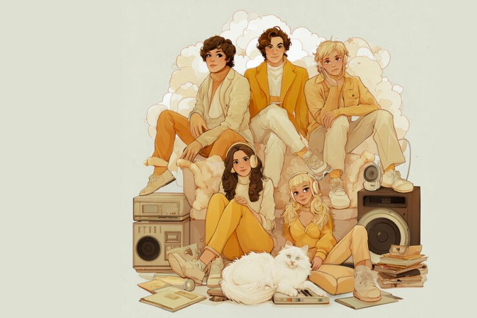 Eine Gruppe junger Leute sitzt mit einem weißen Kater und Musikequipment zusammen.