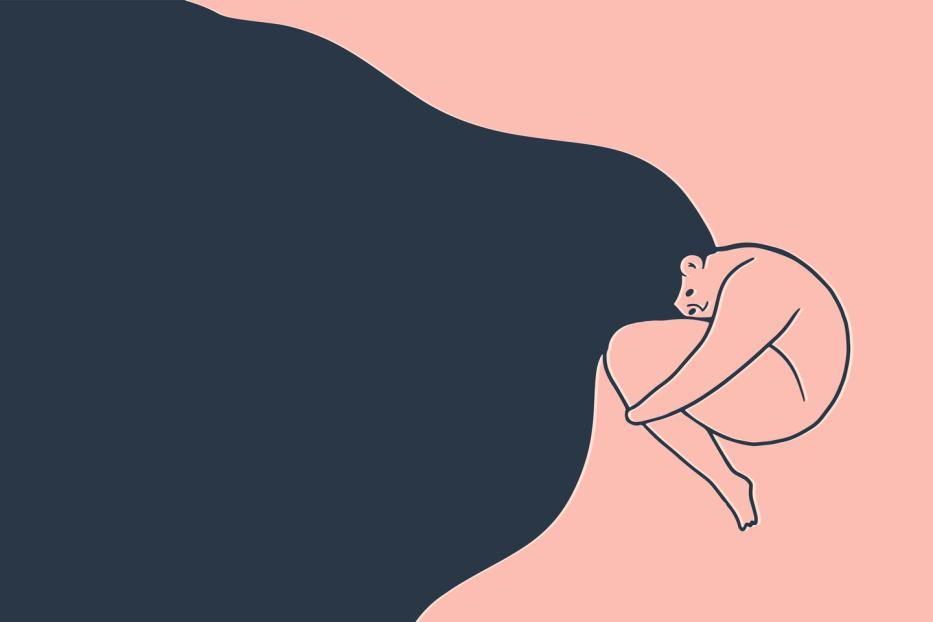 Vektorillustration: Frau mit Übergewicht umarmt ihre Knie.