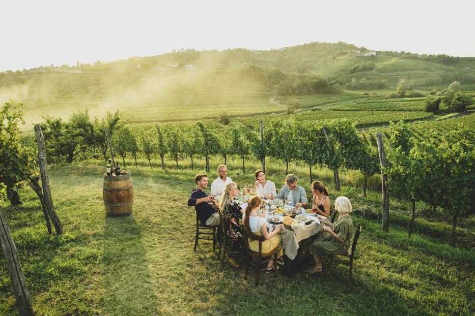 Eine Familie isst in den Weinbergen Sloweniens