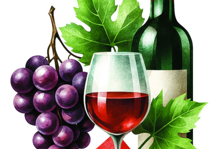 Eine Flasche Rotwein, ein Glas Wein und eine Traube mit Blättern.