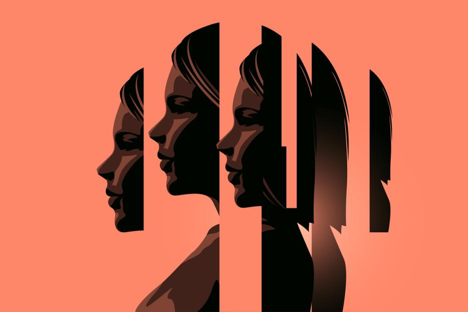 Mehrere übereinandergelegte Silhouetten eines Frauenprofils sind in vertikale Streifen unterteilt.