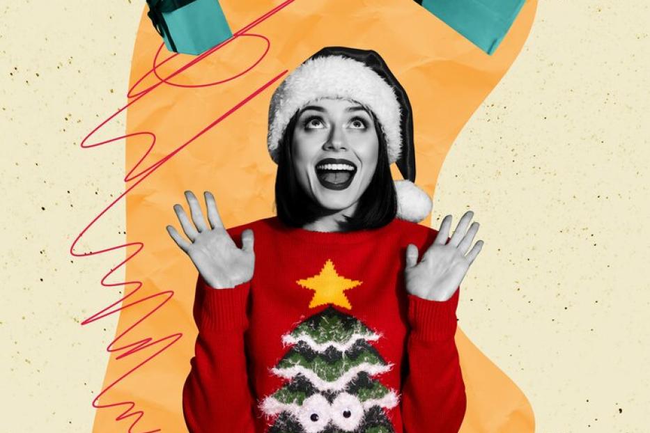 Vertical photo collage of excited girl wear new year tree sweatshirt hat present box surprise miracle xmas isolated on painted background