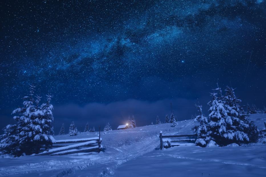 Verschneite Landschaft mit Tannen, einer Hütte mit Licht und einem klaren Sternenhimmel in der Nacht.