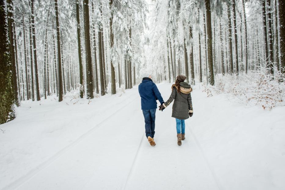 Paar spaziert im verschneiten Wald
