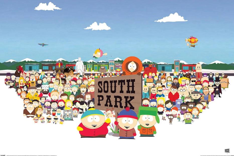 Die Charaktere von South Park stehen vor einer Menschenmenge und dem South Park-Schild.