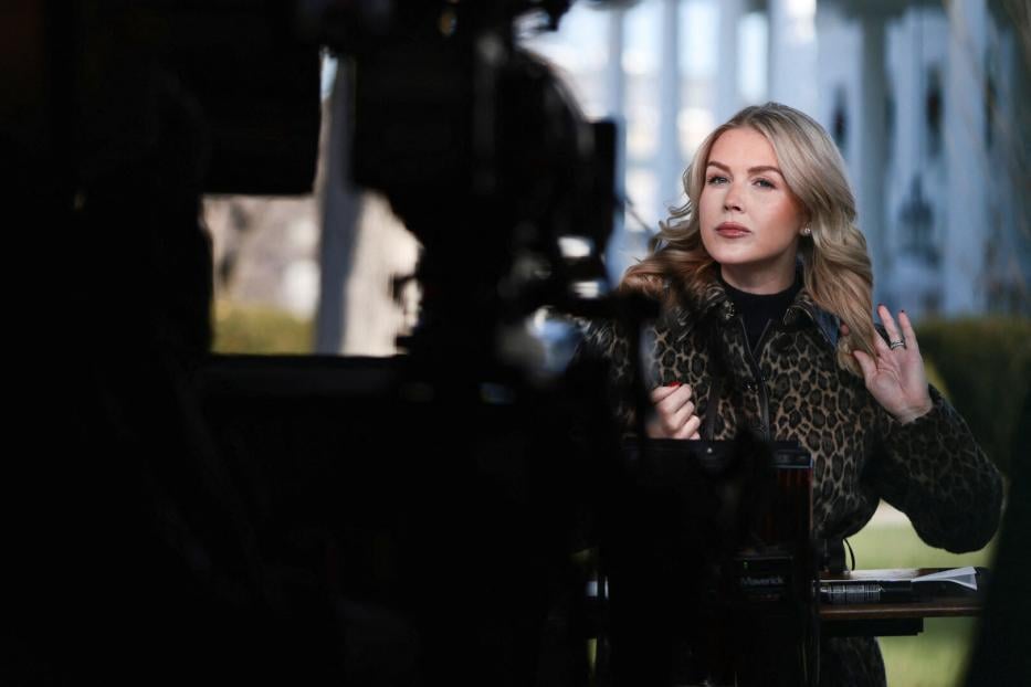 White House Press Secretary Karoline Leavitt is interviewed by Fox News outside the White House in Washington