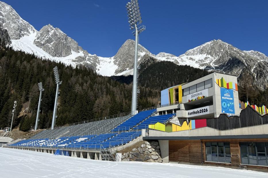 Biathlon-Arena in Antholz, Italien.