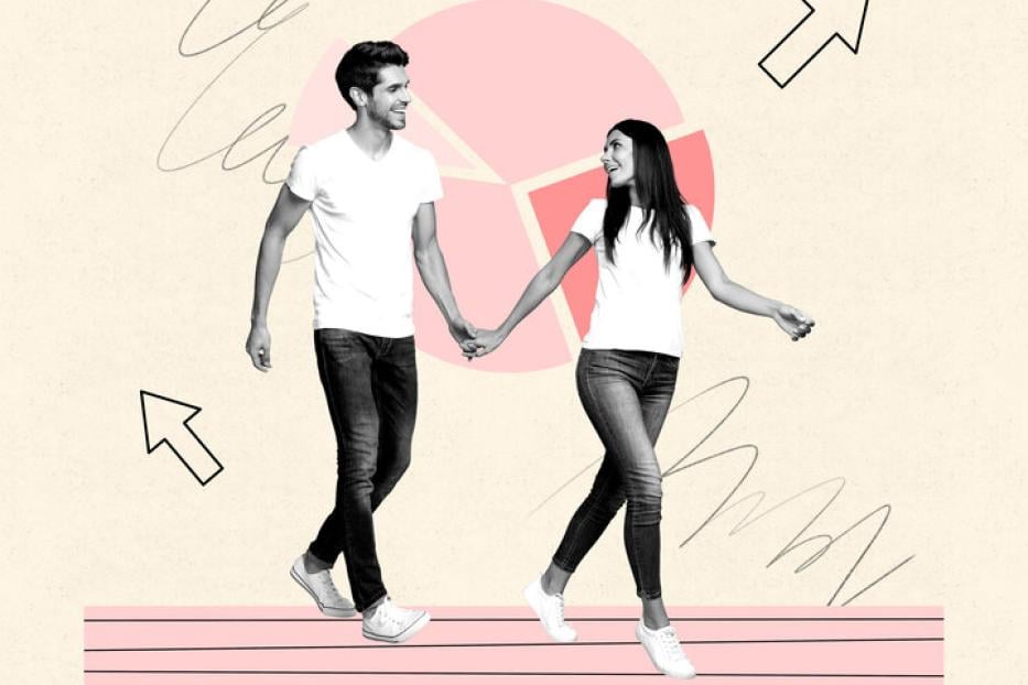 Exclusive artwork banner creative collage of happy businesswoman businessman stand diagram icon development progress gears