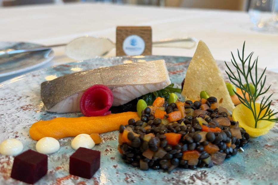 In Butter konfierter Seesaibling auf Linsensalat mit Saiblingskaviar, kunstvoll angerichtet auf einem Teller