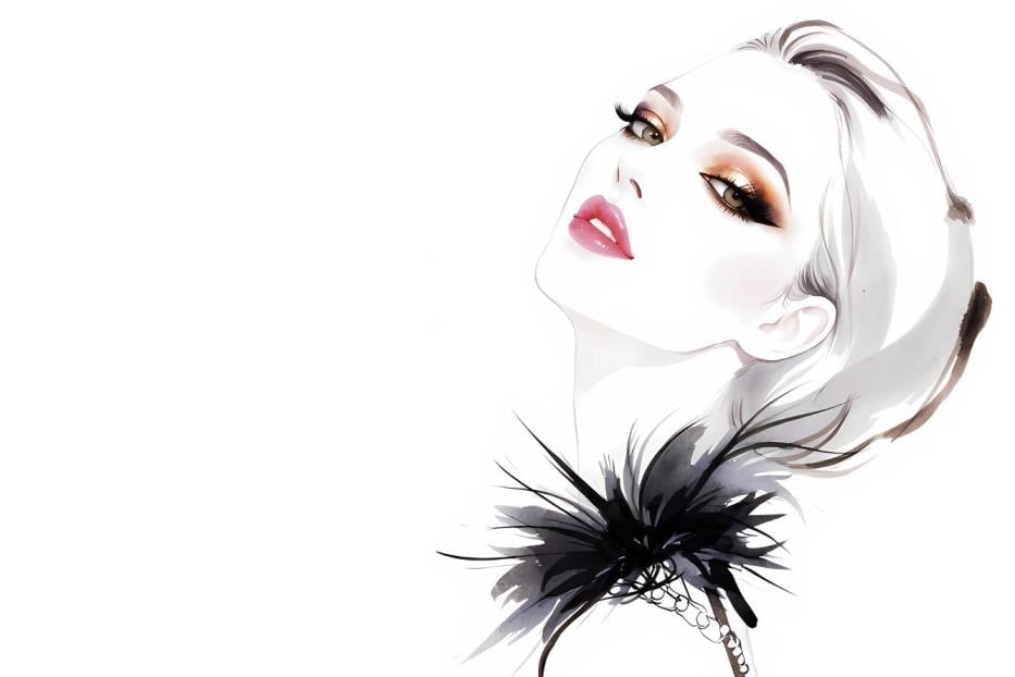Modeillustration einer Frau mit glamourösem Make-up und schwarzem Federschmuck am Hals.