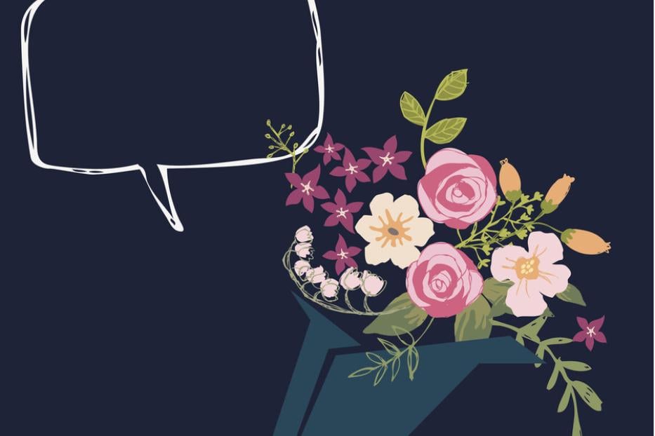 Eine Hand hält einen Strauß aus bunten Blumen mit einer leeren Sprechblase darüber.